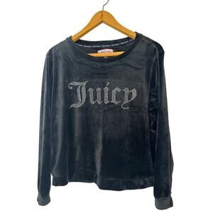 Juicy Couture Black Velour Rhinestone Logo Long Sleeve Lounge Sleep Top Size M